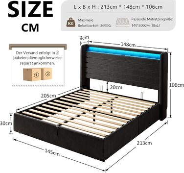 Ліжко FEONASE 140x200 з місцем для зберігання, М&39яке ліжко 140x200 см зі світлодіодним освітленням та зарядною станцією, Каркас ліжка з гідравлічним та велюровим узголів&39ям, місцем для зберігання, рейкова основа, Матрац не входить до комплекту, Темно-