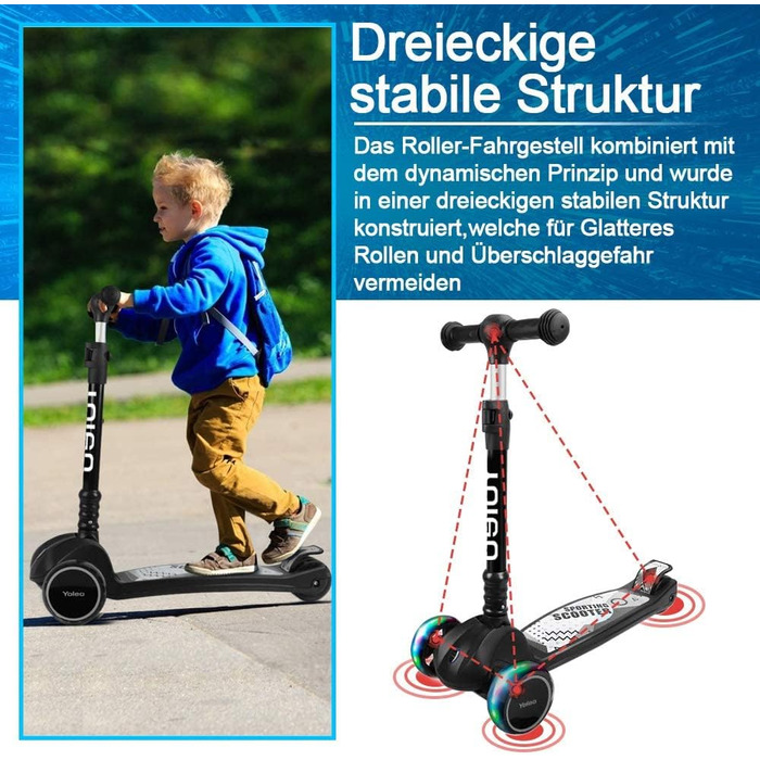 Дитячий самокат YOLEO дитячий самокат триколісний самокат зі світлодіодними колесами, 2-колісні задні гальма, 4 регульовані по вис