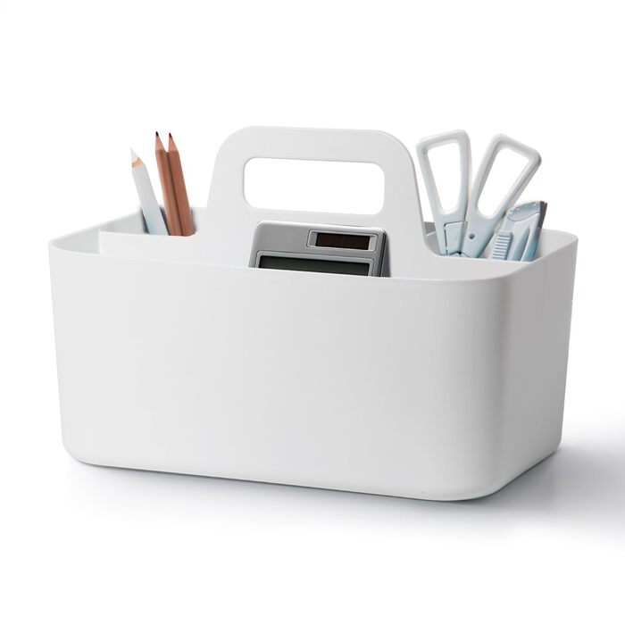 Кошик-органайзер з ручкою, 24x15x11 см, пластиковий кошик, кошик для прибирання, кошик для рукоділля, кошик для столу, місце для зберігання ручок, для ванної кімнати, для туалетного столика, для приладдя для рукоділля, для швейного приладдя (білий) Білий-
