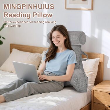 Подушка для спини MINGPINHUIUS, подушка для читання для ліжка та дивана зі знімним валиком для шиї, велика подушка для спини з підлокітником, ідеально підходить як опора для спини для читання, перегляду телевізора, відпочинку, роботи, ігор (сіра)