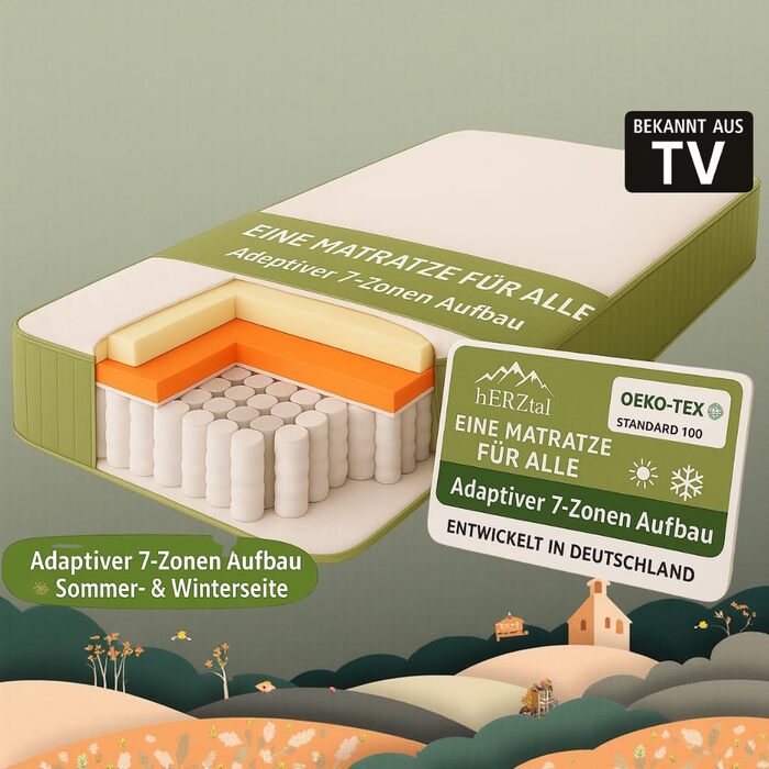 Зонний пружинний матрац кишенькової форми 90x200 см висота 18 см, універсальний, точково-еластичний та повітропроникний, літня/зимова сторона, знімний чохол, який можна прати (60C), сертифікований 90 x 200 см, 7-