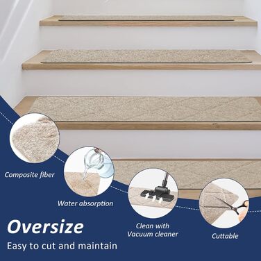 Набір килимків для сходів Bocguy, 15 предметів, 55x19 см, для приміщень, нековзні, самоклеючі, ріжучі, багаторазові, для захисту сходів (бежевий) Бежевий 55x19 см, 15 шт.