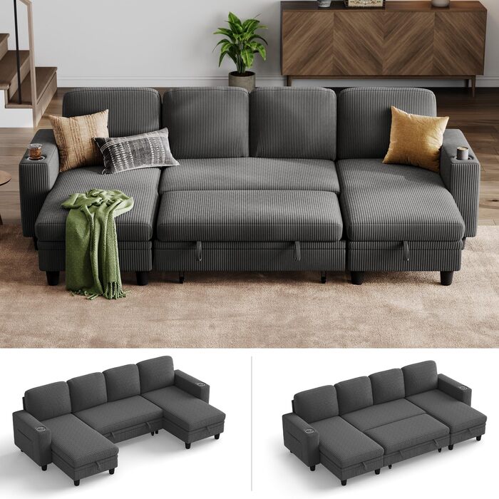 Розкладний диван LINSY HOME, кутовий диван з функцією сну, місцем для зберігання речей, вельветова оббивка, L-подібні модульні дивани з шезлонгом для віталень та квартир (темно-сірий, U-подібний) Темно-сірий U-подібний