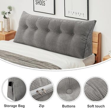 Подушка для спини Supfine, подушка для читання для ліжка та дивана, клиноподібна подушка з кишенею для мобільного телефону, вельвет, подушка для сидіння, настінна подушка, чохол, який можна прати (160x50x20 см, сірий, вельвет) сірий, вельвет 160x50x20 см
