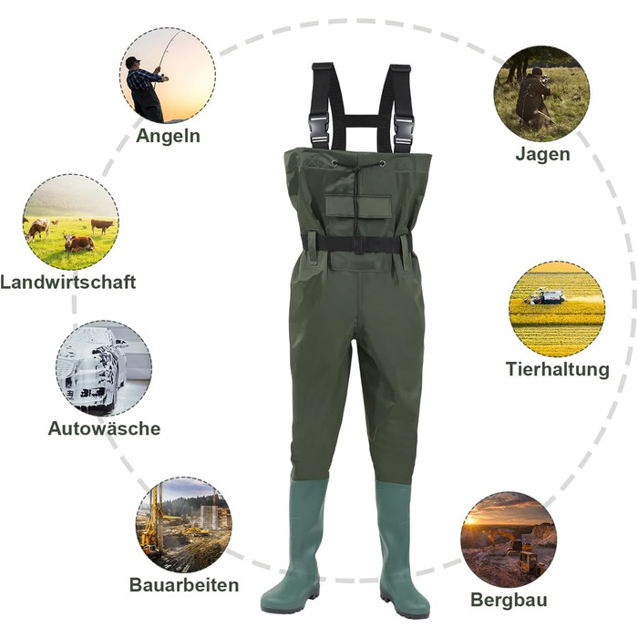 Вейдерси, чоловічі водонепроникні вейдерси, рибальські вейдерси з нейлонового композиту 70D та ПВХ, рибальські вейдерси з чобітьми, вейдерси для чоловіків та жінок для будівельних майданчиків, риболовлі, ферм, садів, розмір L, темно-зелені