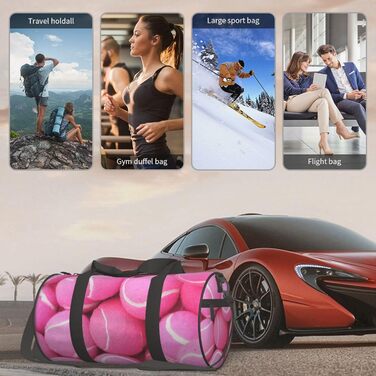 Сумка-дорожня з тенісними м'ячами, з принтом, кругла, великої місткості, для походів, відпустки, ділових поїздок та іншого, світло-рожеві тенісні м'ячі, універсальний розмір