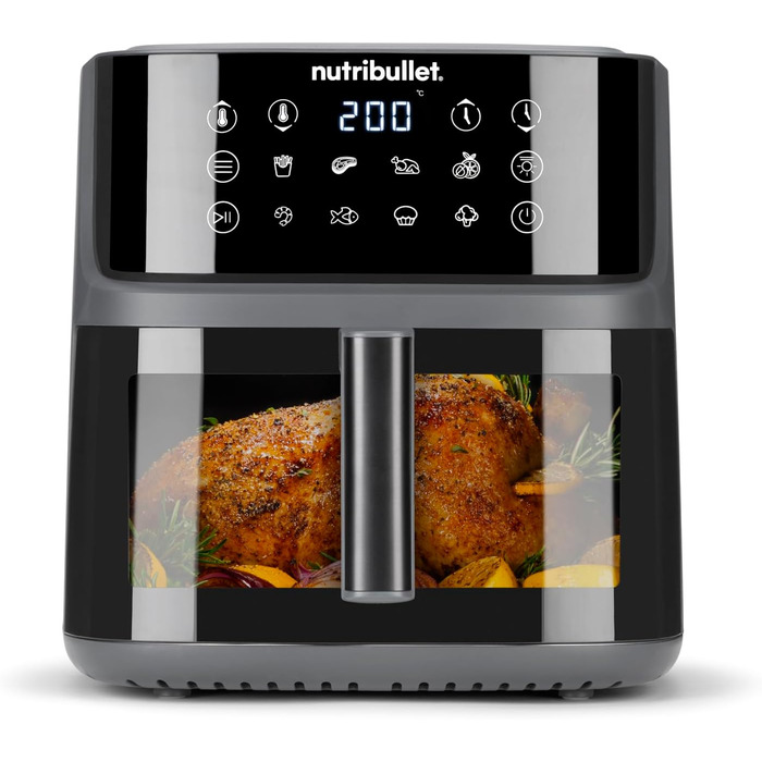 Аерофритюрниця nutribullet Crisplite Vision, 8 л, цифрове керування 80-200, без PFAS, 8 авторежимів, сенсорна панель, кошик придатний для ПММ, 2000 Вт, матовий чорний (NBA0811DG)