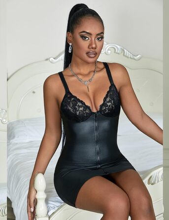 Сексуальне шкіряне плаття Жіночі мереживні сукні Wetlook Комплект білизни Вечірнє плаття зі штучної шкіри Міні-плаття Клубний одяг плюс розмір білизна XL чорний