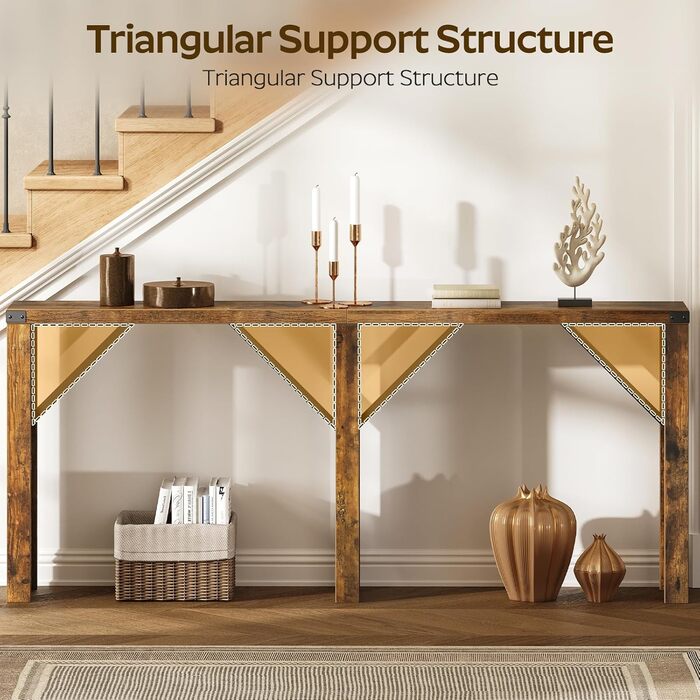 Консольний столик, довгий вузький стіл для коридору, столик для передпокою, за диваном, промисловий дизайн, з металевими стійками, для вузьких приміщень, вхідна зона, коридор, вітальня, вінтажний коричневий XCT30BR