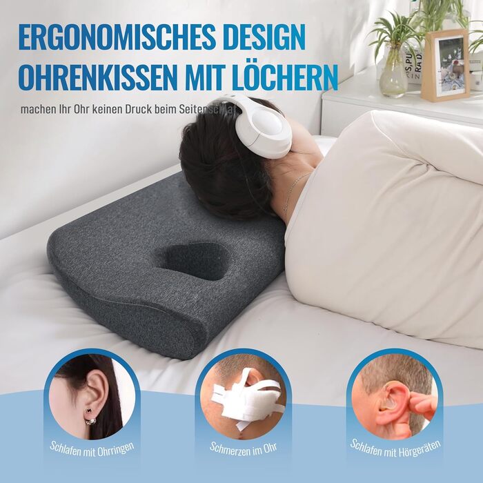 Подушка Johnear з отвором для вуха, подушка для пірсингу для тих, хто спить на боці, подушка з піни з ефектом пам&39яті для тих, хто спить на боці, щоб полегшити біль у вухах, ергономічна подушка для сну з піни з ефектом пам&39яті для сну на боці