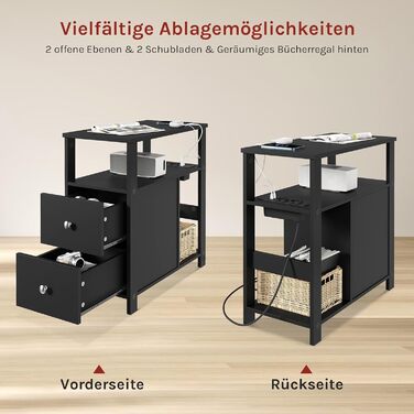 Журнальний столик WOLTU з розеткою, тумбочка з функцією заряджання, вузький диван-столик, з 2 шухлядами, 2 полицями, 1 відділенням, для вітальні/спальні, 60x60x30 см, чорний, BTS28sz
