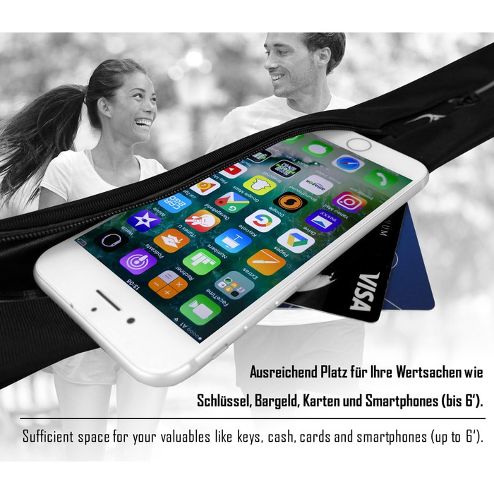 Пояс для бігу Fanny Pack Jogging - водонепроникний, регульований, 2 відділення для смартфона Key Money Headphones Плоска спортивна