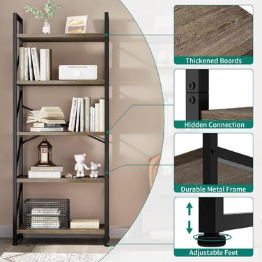 Рівнева книжкова полиця, окремостояча полиця в індустріальному стилі для вітальні, спальні, офісу, кухні, журналів, сіра, 30Г x 60Ш x 158В см, 5-