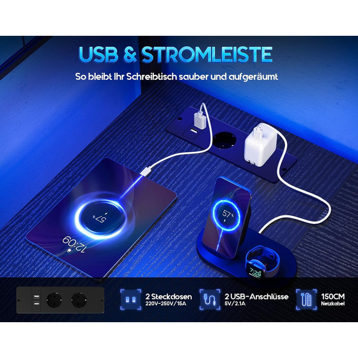 Ігровий стіл Coleshome зі світлодіодним освітленням, 130 x 100 см, двосторонній ігровий стіл з шухлядами та розетками, кутовий стіл з відділенням для зберігання та місцем для зберігання, чорний 130 x 100 см, чорний