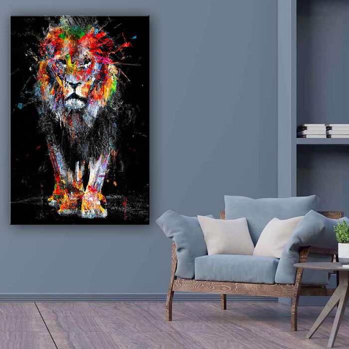 Полотно настінний живопис - Лев у кольорах - Картина готова повісити для вітальні Велика картина для прикраси будинку Друк Сучасни