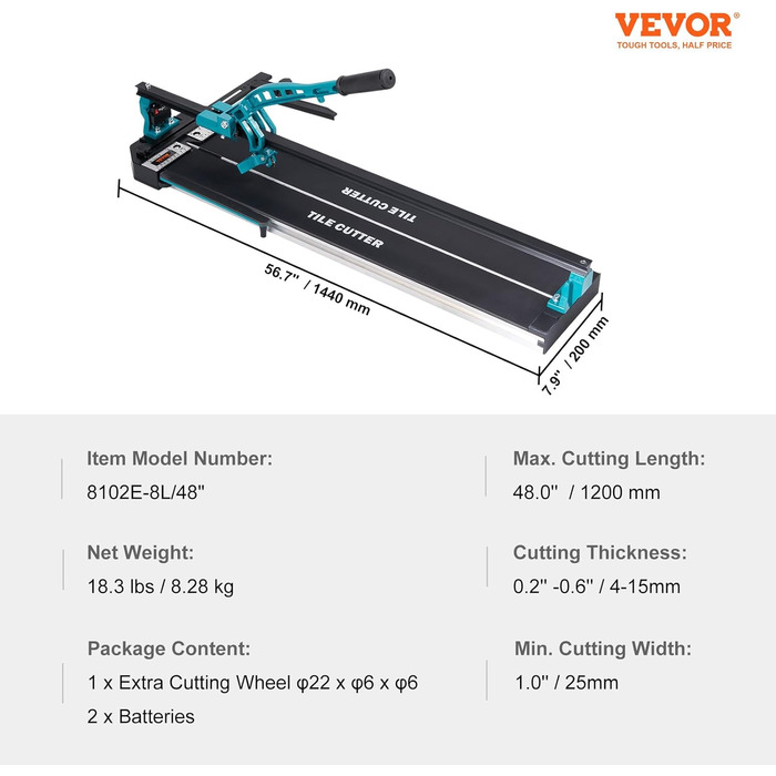 Плиткоріз VEVOR із загальною довжиною різу 1200 мм, товщиною різу мінімум 4-15 мм. Ширина різання 25 мм Машина для різання плитки, включаючи додаткові проекти з укладання та ремонту плитки з додатковим ріжучим колесом