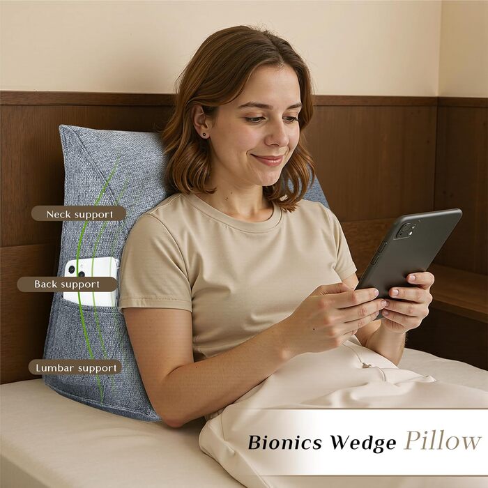 Ортопедична клиноподібна подушка - Ергономічна спинна подушка для ліжка та дивана зі знімним чохлом, ідеально підходить як подушка для читання та спинка (темно-сіра, 45x20x35 см)