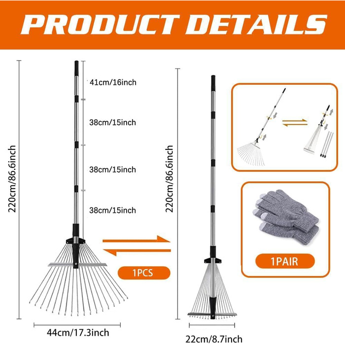 Розширений садовий граблі-віяло 22-44 см з регульованою металевою ручкою 2.15 м та рукавичками, граблі для листя, металеві граблі-віяло, граблі для прибирання листя, трави та двору