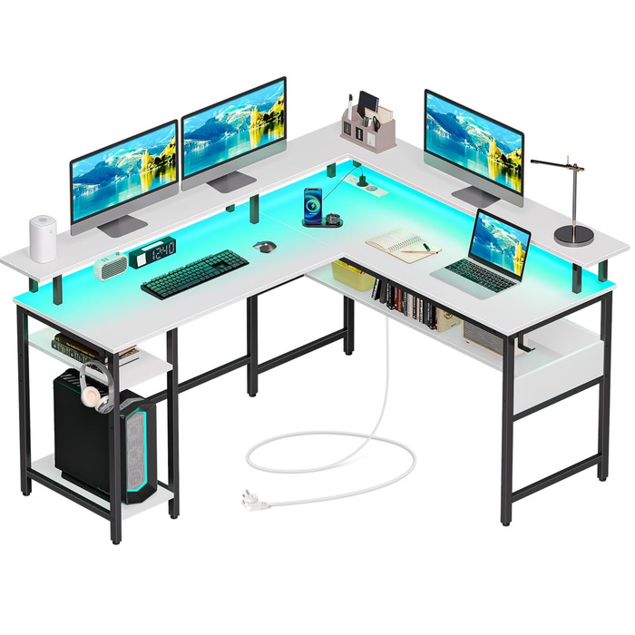 Г-подібний ігровий стіл Rolanstar зі світлодіодним освітленням та розетками, ігровий стіл з підставкою для монітора та місцем для зберігання, кутовий стіл з 2 гачками, великий двосторонній комп&39ютерний стіл для офісу (білий, 137 x 108 см) Білий 137 x 10