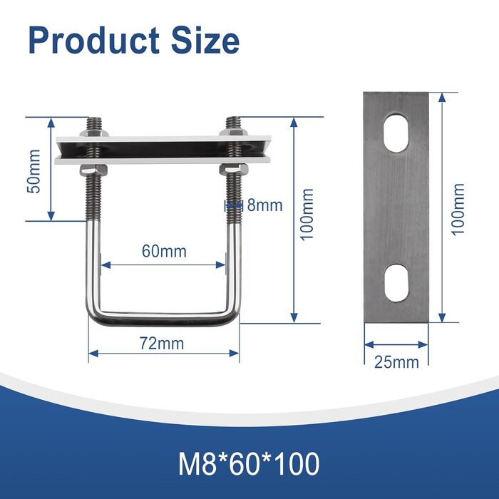 Болт M8, U-подібний різьбовий кронштейн, квадратні болти, U-болтові затискачі, U-болти для саду, автофургону, саморобки, сонячної установки та кріплення (4 шт., M8x60x100 мм)