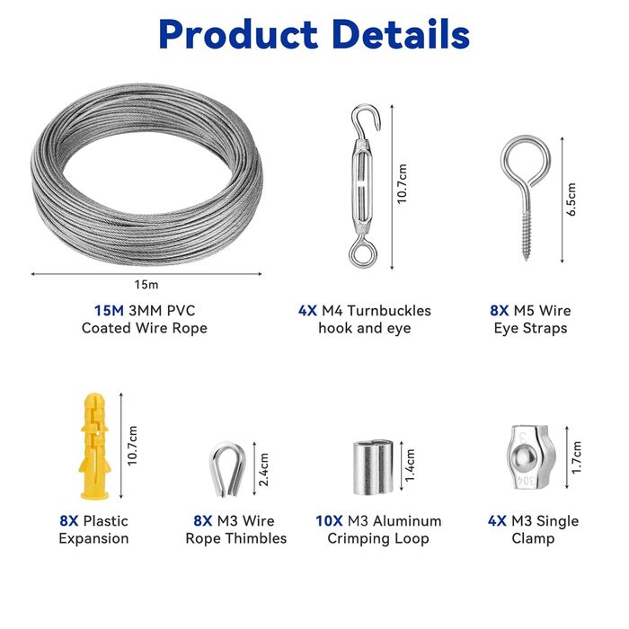 Набір сталевих тросів Shirylzee 15M 3 мм, трос з нержавіючої сталі 304, шпалера для витких рослин, сталева мотузка з вушками, талреп, натягувач троса для штори, мотузка для білизни, огорожа