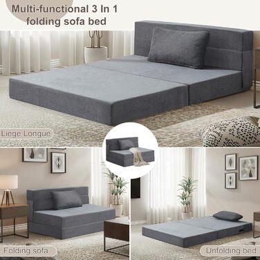 Двоспальний диван-ліжко 100 x 203 см, розкладний диван-ліжко, гостьовий матрац для 2 осіб - функція сну, диван-ліжко для вітальні/спальні з піною з ефектом пам&39яті та подушками, комплект крісел, що праються, темно-сірий, одинарний темно-сірий