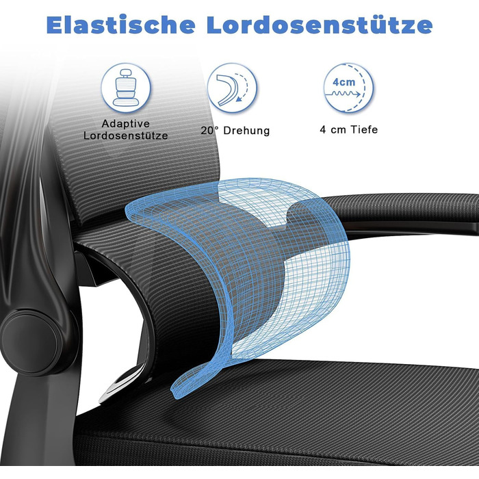 Ергономічне офісне крісло naspaluro, стілець для роботи з відкидними підлокітниками, динамічна поперекова підтримка, регульоване по висоті офісне крісло з функцією нахилу 120, чорний колір з підголівником