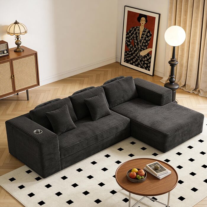Кутовий диван з 3 подушками для шиї, диван Cloud Boneless з боковим відділенням та підсклянником, вельветовий L-подібний розкладний диван, глибоке сидіння, диван з правим шезлонгом, для вітальні, чорний Нековзка основа