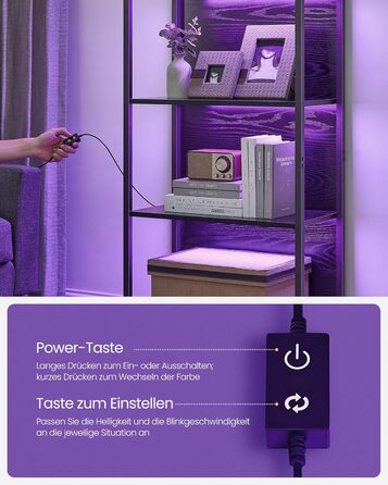 Рівнева книжкова полиця VASAGLE, окремостояча полиця з регульованим світлодіодним освітленням, сталевий каркас, 30,3 x 60 x 178,6 см, для вітальні, спальні, кабінету, чорний колір Ebony Black LLS120B57 60B см, 6-