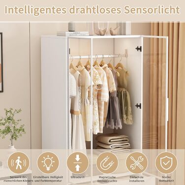 Шафа для спальні зі світлодіодним освітленням, шафа зі скляними дверима, вішалки для одягу та шухляд (Біла Ш, 50x80x175 см) Біла Ш 50x80x175 см