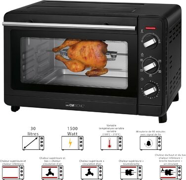 Мультидухова шафа Clatronic MBG 3728, пекарна камера 30 літрів, конвекція верхній і нижній нагрів, таймер на 90 хвилин з сигналом закінчення, чорний