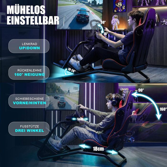 Підставка для керма гоночного симулятора з 3D стереодинаміками, кріпленням для монітора, регульованим кріпленням керма, кріпленням для важеля перемикання передач та педалями (червона)