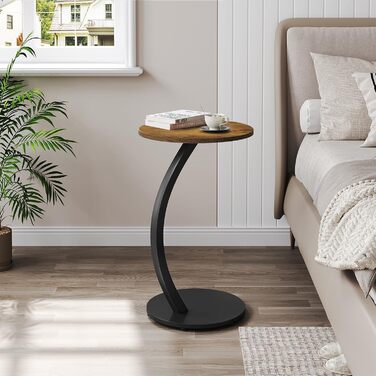 Журнальний столик WOLTU C-подібної форми, круглий журнальний столик, столик для дивана, маленький столик для дивана, ліжка, з металевим каркасом та стільницею з МДФ, індустріальний стиль, 40 x В 65 см, вінтажний вигляд дерева, BTS21hov