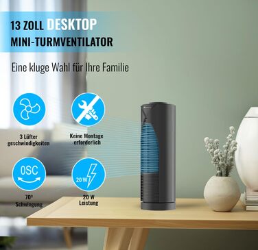 Настільний вентилятор PureMate Mini з 3 швидкостями обертання, автоматичне коливання на 70, невелика висота вентилятора 33 см, іде