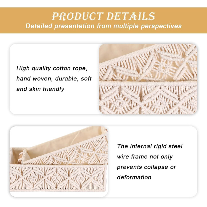 Кошики для зберігання макраме кошик для зберігання в стилі бохо з дерев&39яною ручкою, кошик для зберігання у ванній кімнаті, набір плетених кошиків макраме ручної роботи для ванної кімнати, спальні та гардеробної, 2