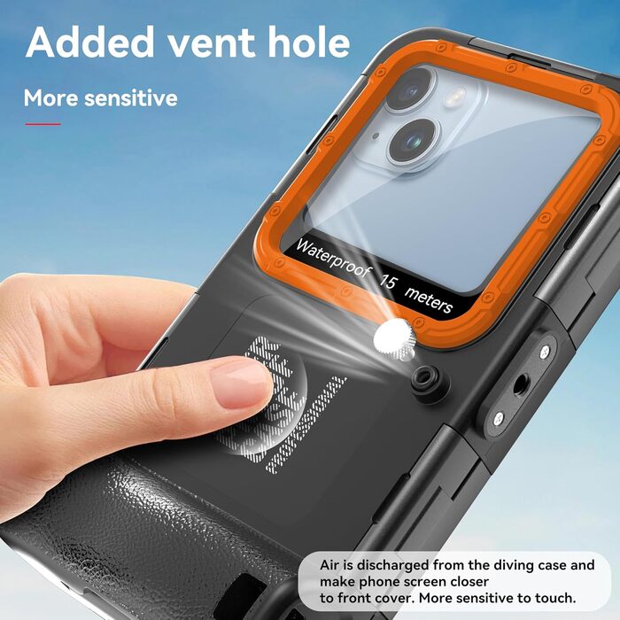 Чохол для підводного плавання для iPhone 17/16/15/14/13/12/11 Pro Max/XR/XS/X та інших, професійний захист 15 м/50 футів, водонепроникний чохол для підводного плавання, серфінгу, фото та відео (чорно-помаранчевий)
