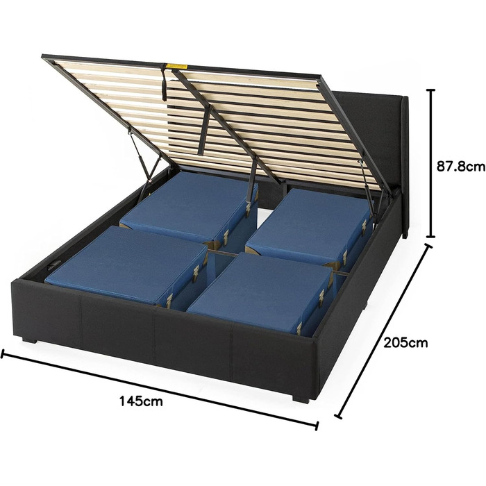 Ліжко Zinus Maddon з м&39якою поверхнею 140x200 см з місцем для зберігання - Висота 31 см з дерев&39яною рейковою основою та узголів&39ям - Гідравлічний підйомний механізм та місце для зберігання - Чорне 140 x 200 см Чорний