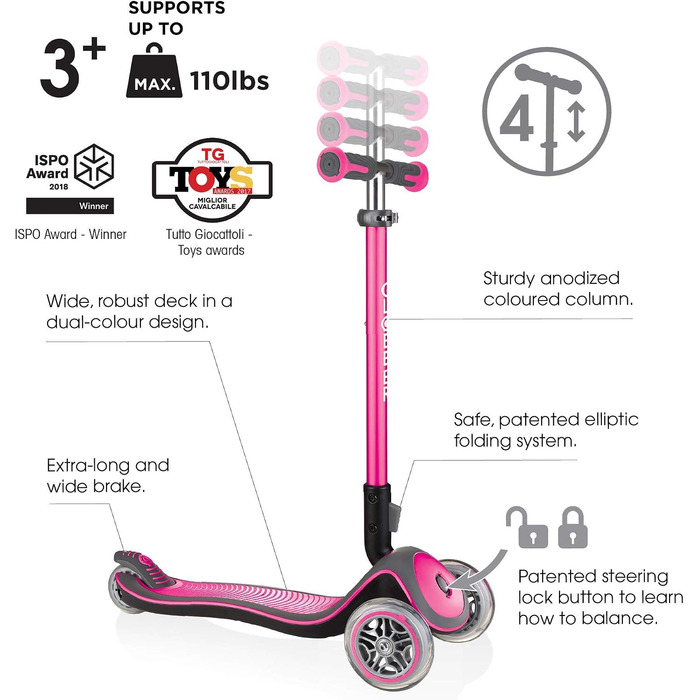 Дитячий самокат GLOBBER Elite Roller Deluxe Lights (3 роки) 3 колеса, ABEC 5, регульована висота, світлодіодні колеса, рожевий