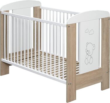 Дитяче ліжечко/ліжечко для малюків 120x60 см з масиву бука регульована висота в 3 напрямках, 3 знімні перекладини, перевірено EN 716 білий/сонома, ведмедик Модель Kamil