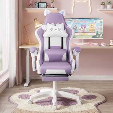 Ігрове крісло, Офісне крісло, Ігрове крісло, Ергономічне ігрове крісло з підставкою для ніг, поперековою опорою, підголівником та котячими вушками, М&39яке ігрове крісло, Обертове крісло для дівчаток, 135 кг, Фіолетовий