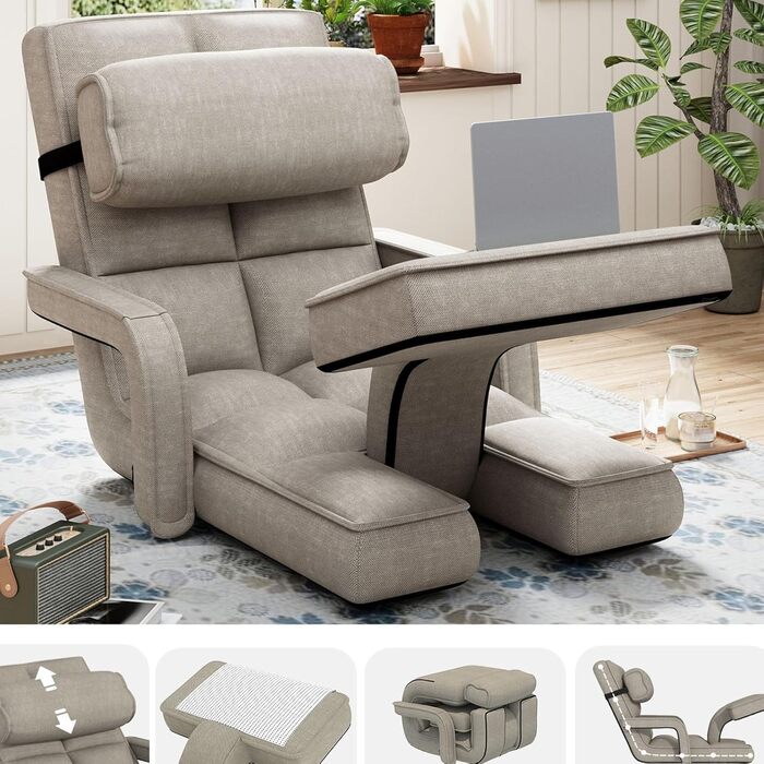 Крісло UNIONLINE, регульоване складне ігрове крісло з підлокітниками, подушкою та підставкою для ніг, одне крісло, ліжко для спальні, для дому, офісу, бежевий