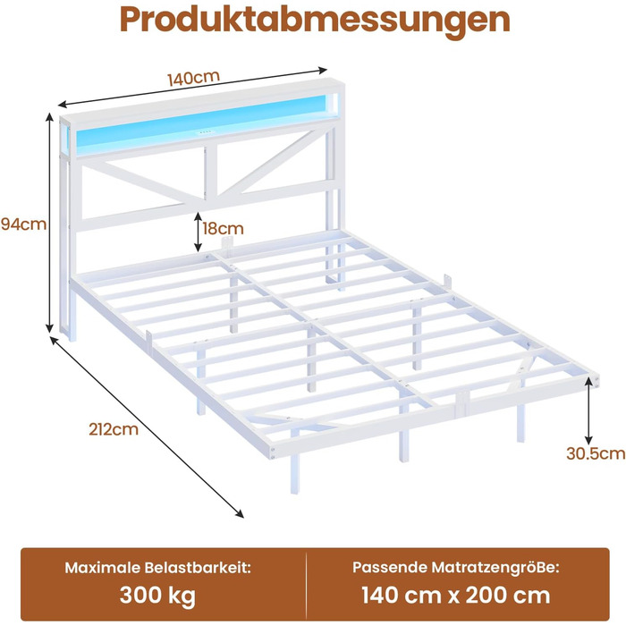 Плаваючий каркас ліжка 140x200 зі світлодіодним освітленням та зарядною станцією, Плаваючий каркас ліжка з узголів&39ям для зберігання, Металеве ліжко з металевою рейковою основою, Гостьове ліжко, Двоспальне ліжко, Дитяче ліжко - без матраца, 140 x 200 см