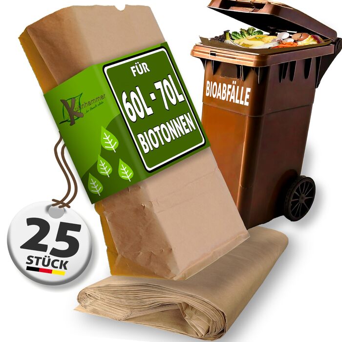 Пакети для органічних відходів 60 л - 70 л 25 шт. Пакети для органічних відходів Паперові пакети для органічних відходів, без личинок Паперові пакети для садових відходів