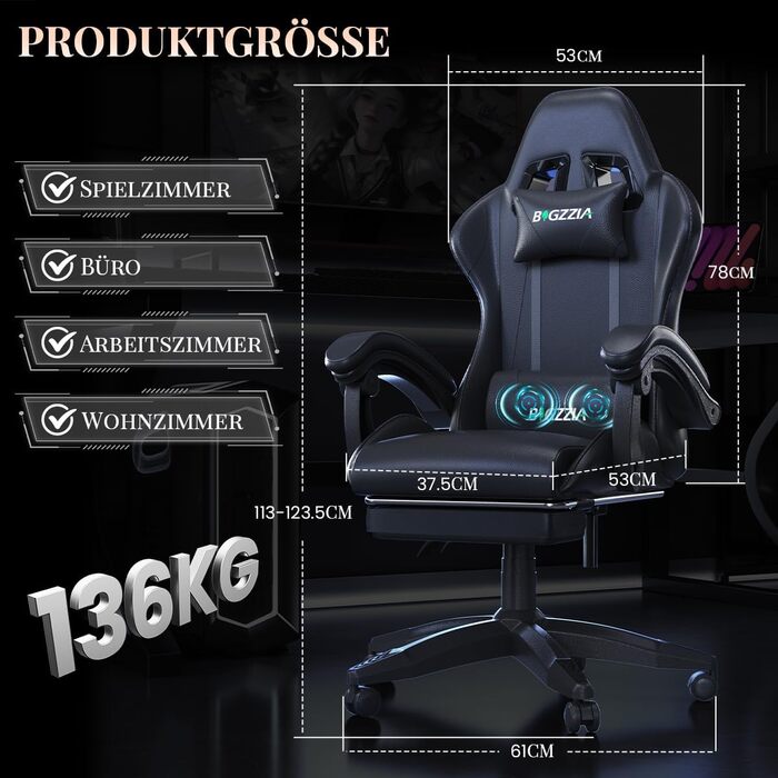Ігрове крісло bigzzia з функцією масажу та підставкою для ніг, ергономічне ігрове крісло, регульована спинка 90-135, ігрове крісло з масажною поперековою подушкою та підголівником, ігрове крісло, чорне