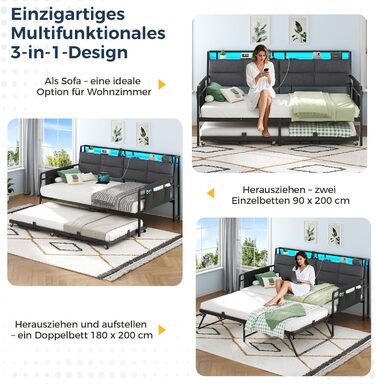 Розкладний диван-ліжко з висувним ліжком, кушетка 90x200(180x200) см, розкладна кушетка зі світлодіодним освітленням та зарядною станцією (2 розетки змінного струму, 2 порти USB), односпальне та двоспальне ліжко, гостьове ліжко сірого кольору 90x200 см/18