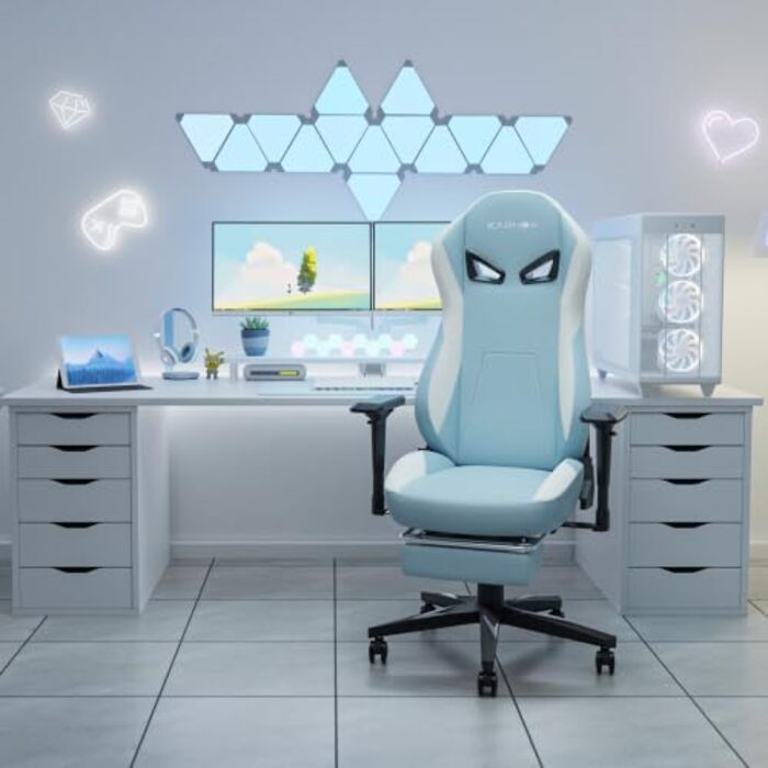 Геймерське крісло з підставкою для ніг та тканинним чохлом - Ергономічне офісне крісло з 4D підлокітниками та опорою для голови/попереку, регульована висота, вантажопідйомність 150 кг, синього кольору, 132 см x 53 см x 60 см