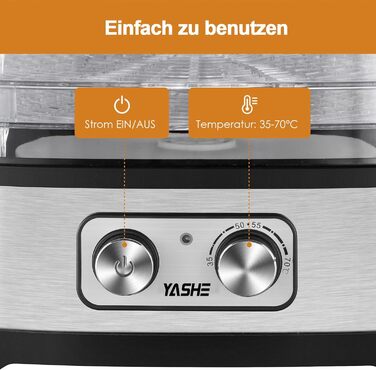 Дегідратор YASHE GGJ-261A з 5 регульованими по висоті лотками, регулюванням температури від 35-70C, дегідратором для фруктів і овочів потужністю 240 Вт, кнопковим керуванням без BPA 5 лотків без BPA