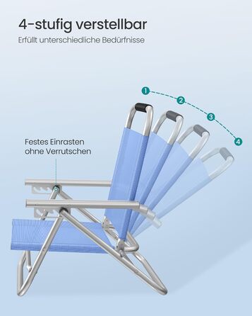 Пляжне крісло SONGMICS, портативне розкладне крісло, регульована спинка в 4 положеннях, з підлокітниками, дихаюче та зручне, вуличне крісло 1, синього кольору