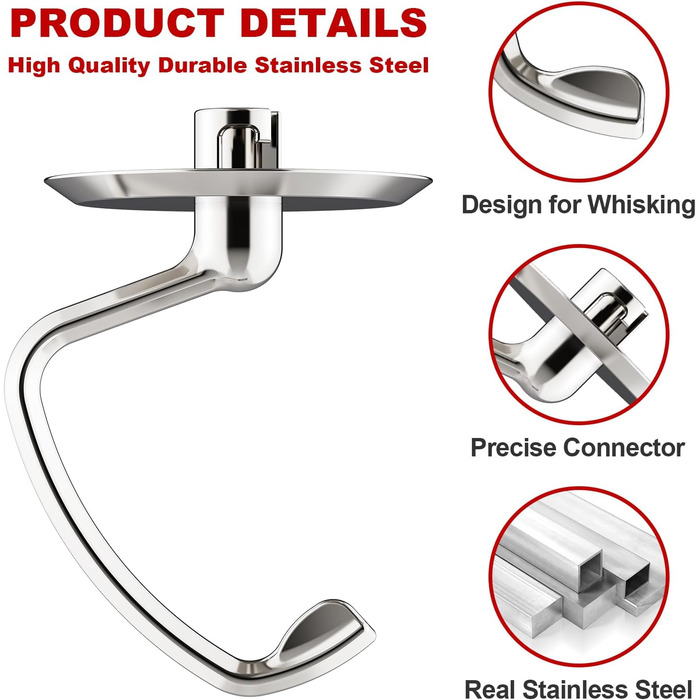 Заміна гачка для тіста GVODE для мішалки Kitchenaid, гачок для тіста K45DH для міксера Kitchenaid 4.5-5 QT з нахиленою головкою, насадка для тіста з нержавіючої сталі Можна мити в посудомийній машині