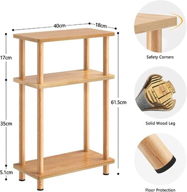 Вузький журнальний столик APICIZON, 3-ярусний дерев&39яний журнальний столик, 40x18x61,5 см, вузька тумбочка з місцем для зберігання, маленький журнальний столик для вітальні, спальні, балкону, натуральний колір